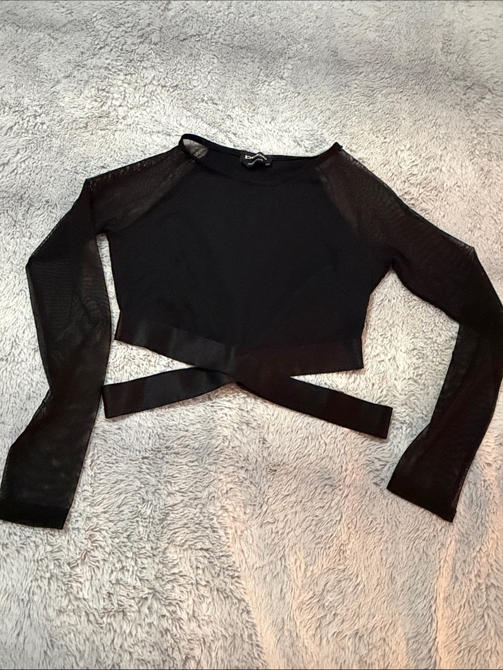 bebe Black Mesh Long-Sleeve Cropped Wrap Top